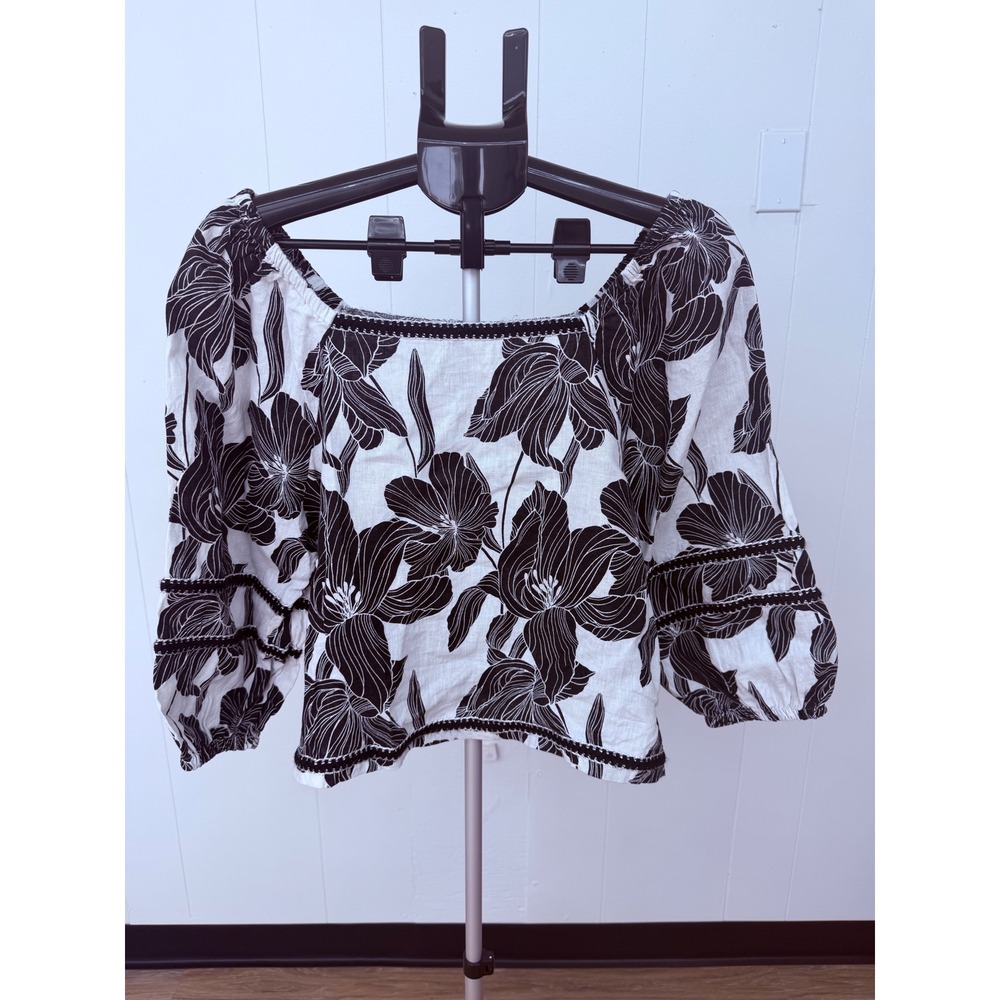 Tahari Linen Blouse Women Large White Black Floral Excellent Puff Sleeve Boho